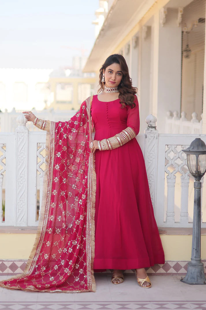 Sathi Sangi-Blooming Gown with Dupatta With Attractive Embroidered Sequins work with Lace Border(SS-094)