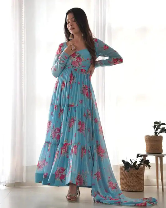 Sathi Sangi -Sightly Blue Color Soft Faux Georgette Floral Printed Anarkali Suit(SS-098)