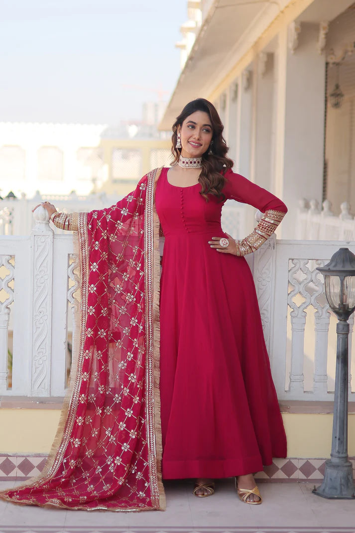 Sathi Sangi-Blooming Gown with Dupatta With Attractive Embroidered Sequins work with Lace Border(SS-094)
