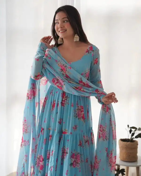 Sathi Sangi -Sightly Blue Color Soft Faux Georgette Floral Printed Anarkali Suit(SS-098)